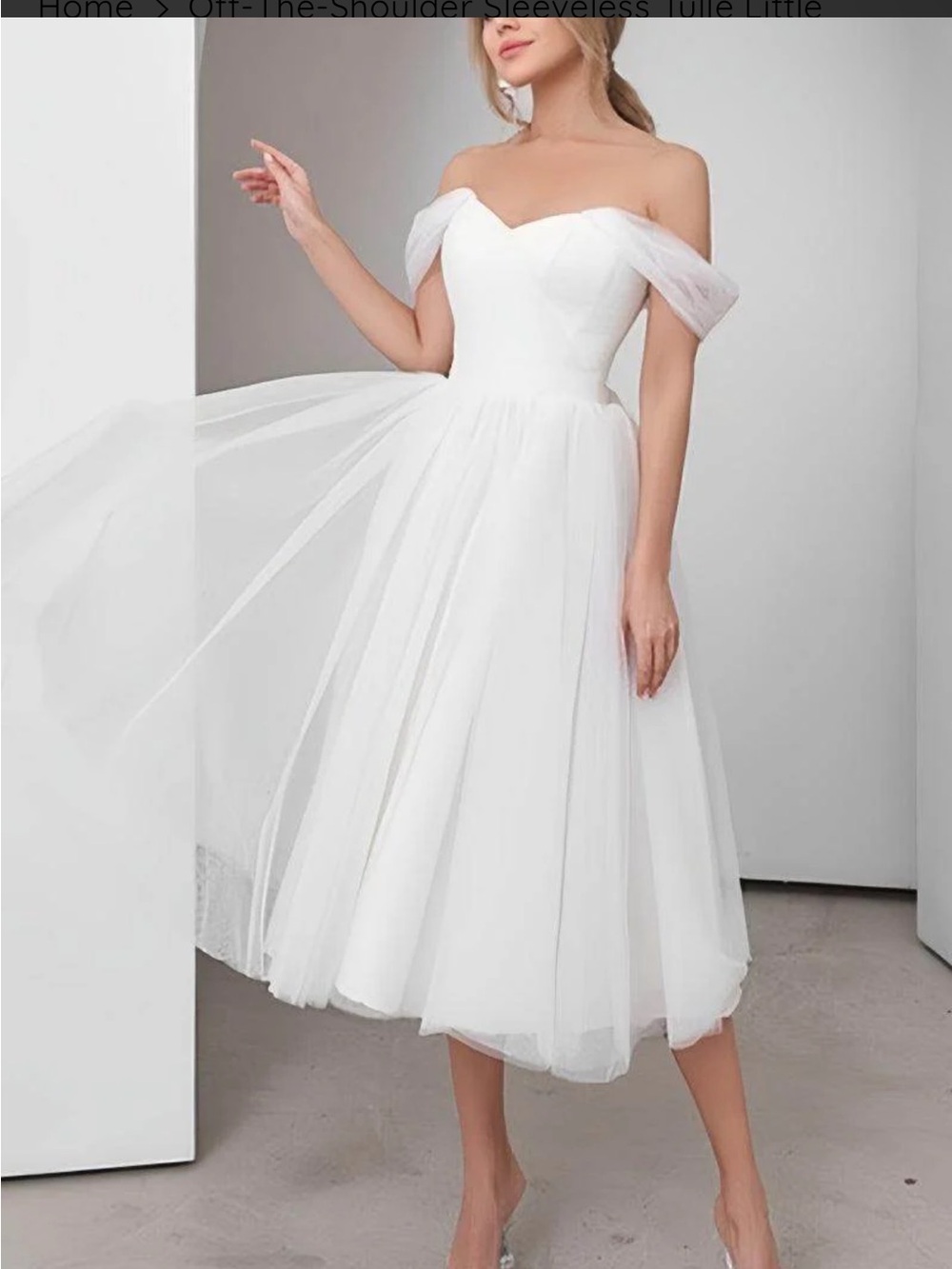 Off-Shoulder White Tulle Midi Dress - Classic Bridal Style